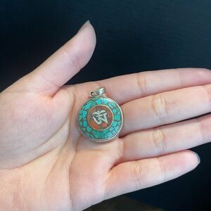 Tibetan Turquoise Sterling Silver Coral Inlay Vintage Amulet Pendant